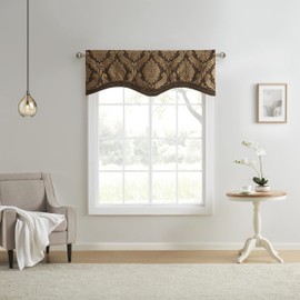 Renaissance Home Fashion Darby Layered Scalloped Valance with Cording, Café, 50 by 17-Inch