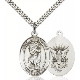Bliss Sterling Silver Saint Christopher Navy Medal Pendant Necklace 24" Chain GiftBox