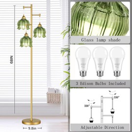 Gold Floor Lamp for Living Room Bedroom,3 Lights Modern Floor Lamps with Unique Green Glass Shades,68IN Mid Century Tall Standing Lamp,Vintage Tree Floor Lamp for Corner Office Reading Bulb Included