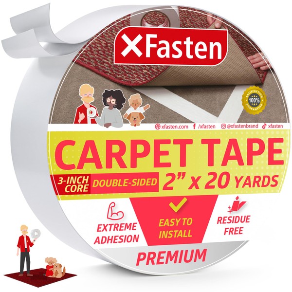 XFasten Carpet Tape Double Sided - Heavy Duty 2” x 20 yds Gentle on Surface Double Sided Carpet Tape for Area Rugs Over Carpet for Hardwood Floors, Corner Rug Tape for Carpet to Carpet