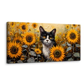 SERIMINO Large Wall Art Canvas Prints, Sunflower Cat Wall Art Aesthetic, Cute Animal Modern Home Decor Paintings, Yellow Landscape Pictures Wall Decor Living Room Dining Room Office Decor 20"X40"