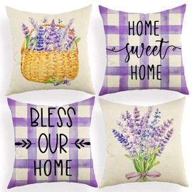 Ogiselestyle Watercolor Lavender Home Sweet Home Throw Pillow Covers, 18 x 18 Inch Purple Bless Our Home Cushion Case for Sofa Couch Set of 4