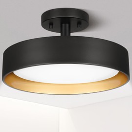 SunRider Semi Flush Mount Ceiling Lights, 12 Inch 25W LED Ceiling Light Fixture Black for Hallway Kitchen, Gold Inside, 5000K Daylight White, Dimmable