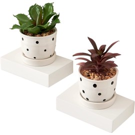 OAKERLAND Small Oak Floating Shelves, 2PC White Wall Shelves Wooden Mini Wall Mounted Shelf for Decor Plant, Little Black Display Shelf for Living Room Bedroom Bathroom