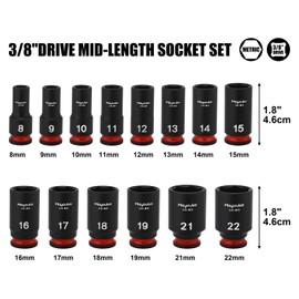 Mayouko 14PCS 3/8" Drive Semi-Deep Impact Socket Set, 8-22MM, Metric, CR-MO, Impact Grade Middle Length Socket Set, 6 Point
