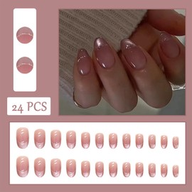 Sparkly French Press on Short Almond Fake Nails - Glitter Full Cover Pink Gradient False Nail - Holographic Gradient Acrylic Stick on Artificial Nails for Women - Decorations Manicure