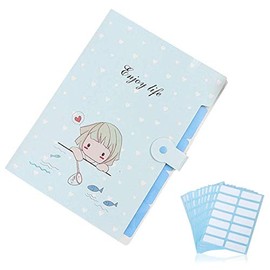 1 Pcs Cute Cartoon Plastic A4 Expanding File Folder Pockets Accordion Document Organizer and 168 Pcs File Folder Labels (Girl Blue)