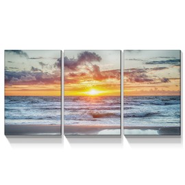 Looife Ocean Canvas Wall Art 24x36 Inch 3 Panels Sun Cloud And Sea Waves Painting Picture Giclee Prints Gallery Wrapped Ready to Hang Artwork for Living Room Bedroom Decoration …