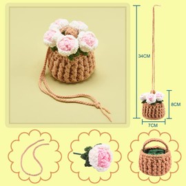 AuMoHall Cute Flower Car Pendant Crochet Potted Plants Car Rear View Mirror Hanging Ornament Handmade Knitted Flower Basket Car Interior Decoration Accessories, Pink Rose