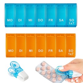 Tablettenbox 7 Tage Morgens Abends, Medikamentenbox 7 Tage Mit 3 Teilen, Pillendose Für Reisen Und Täglichen Gebrauch, Wochenpillendose Set, Orange und Blau, mit Tablettenteiler