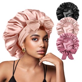 Yanideer 3 pcs Silk Bonnet for Sleeping Double Layer Satin Lined Hair Satin Bonnet with Tie Band for Black Women Curly Hair