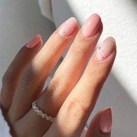 Peach Pink Press on Nails Short Oval Fake Nails with Flower Designs French False Nails Cute Petite Acrylic Nails Glossy Glue on Nails Pink Stick on Nails Reusable Artificial Nails Kit for Women 24Pcs