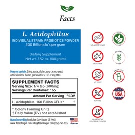 Foods For Gut Lactobacillus Acidophilus Probiotic Powder 200 Billion cfu's | Made in USA | No Additives | Direct from Manufacturer | No Third-Party Storage | Immune Support | 100 Grams (3.52 Oz)