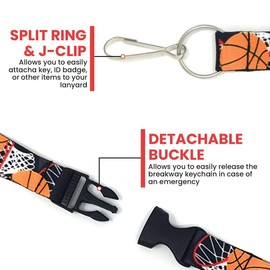 Vinylcation Basketball Lanyard for Kids, Men, Women, and Sports Fans - Long and Soft with Detachable Buckle, and Split Ring Keychain for School, ID Badge, or Work