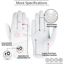 FINGER TEN Golf Gloves Women Leather Glove with Ball Marker for Ladies - Enhanced Grip, Comfort & Durability for Female Golfers (White-2 Pack Worn On Left Hand, Medium)