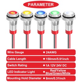 MKBKLLJY 5Pcs 8mm DC 12-24V Red/Yellow/Blue/Green/White LED Metal Indicator Light Waterproof Signal Lamp with 150mm Cable Length Metal LED Indicator Light and Wiring Cap for Car Interior Trucks Boats