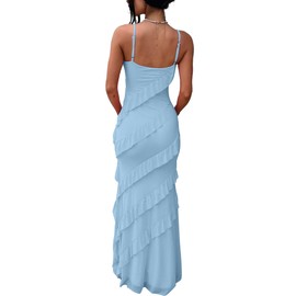 HOCILLE Women's Sexy V Neck Bodycon Spaghetti Strap Elegant Ruffle Maxi Cocktail Party Dresses, S, Baby Blue