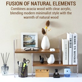 MyGift Modern Acacia Wood and Clear Acrylic Adjustable Desk Bookcase Display Shelf and Desktop Organizer