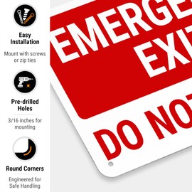 Emergency Exit Do Not Block Sign, 10x7 Inches, Rust Free .040 Aluminum, Fade Resistant, Made in USA