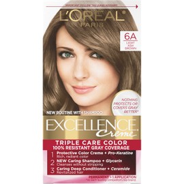 L'Oreal Paris Excellence Creme Permanent Triple Care Hair Color, 6A Light Ash Brown, Gray Coverage For Up to 8 Weeks, All Hair Types, Pack of 1