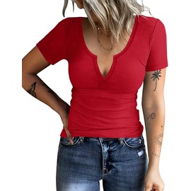 AKEWEI Red Tops for Women Cute Shirts Womens Short Sleeve Summer Tops Womens V Neck Tops Summer Shirts for Women 2024 Solid Color Red S