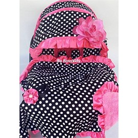 Rosy Kids Infant Carseat Canopy Cover 4pc Whole Caboodle, Baby Car Seat Cover Baby Blanket Outdoor Kit, Black Ground Polka Dot Hot Pink