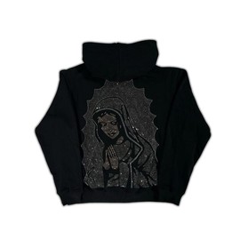 "Virgencita" (Gris) Rhinestone Hoodie - Size: M