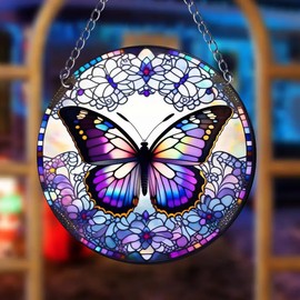 Colorful Butterfly Flower Stained Windows Hanging Suncatcher,Flower Stained Acrylic Suncatchers Window Ornament Stained Glass Panel Sun Catcher Wall Hanging Decor Birthday Gifts