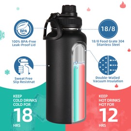 Volhoply 1 L Insulated Water Bottles Bulk 2 Pack with Straw Lid & Spout Lid,Stainless Steel Sports Water Bottle,Double Wall Vacuum Thermos,Leakproof Wide Mouth Metal Flask for Hiking,Camping(Black,2)