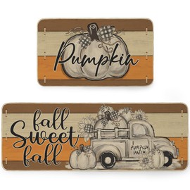 ARKENY Pumpkins Truck Kitchen Rugs Set of 2,Autumn Thanksgiving Home Decor Kitchen Mats for Floor,Cushioned Anti Fatigue Seasonal Kitchen Rugs and Door Mat - 17x29 and 17x47 Inch -AKM081