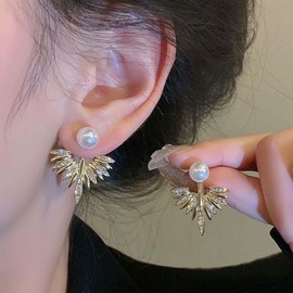 Allereya Vintage Crystal Lotus Ear Jacket Earrings Gold Spike Jacket Earrings Rhinestone Pearl Stud Earrings Sparkly Cz Front Back Earrings Jewelry for Women and Girls