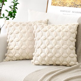 Artscope Set of 2 Wool Cushion Covers, Soft Plush, Short Wool Velvet, Decorative Cushion Covers, Luxurious Sofa Cushion, Boho Cushion Cover for Sofa, Bedroom, Floral Pattern, Cream Beige, 40 x 40 cm