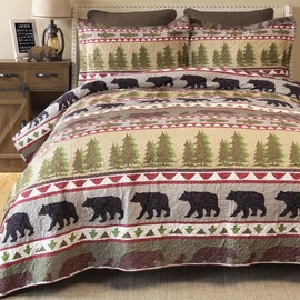 CARSTENS, INC. Rustic Cabin Country Bedding Set, Microfiber Quilt, Rustic Bear Stripe, Twin