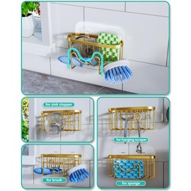 HapiRm 2 in 1 Kitchen Sink Caddy, SUS304 Stainless Steel Kitchen Sink Organizer, Sponge Holder for Kitchen Sink for Sink Stopper, Dish Sponges, Brush, No Drilling, Golden