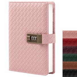 TIEFOSSI B6 Leather Journal Notebook with Combination Lock, Travel Refillable Ruled Lined Writing Paper, Secret Password Gift Diary for Women Girls Boys (Pink)