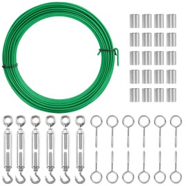 Fuuner Clothes Line Kit, 100FT Green PVC Coated Galvanized Wire Cable with M5 Turnbuckle Tensioner for Cables Outdoor, 1/8 Steel Wire Tensioner for Garden Wire, String Lights Hanging