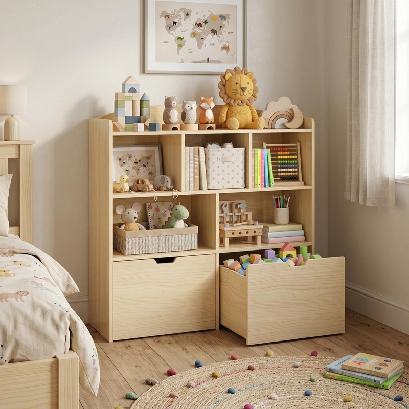 IDEALHOUSE Toy Storage Cabinet, Kids Bookshelf with Movable Drawers and