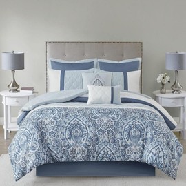 Oakestry 8Pc Luxe Quilted Comforter Set Decorative Pillows Bed Skirt Matching Shams All Season Down Alternative Warm Bedding, Queen, Shawnee Scrollwork Blue