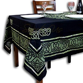 India Arts Celtic Circular Knot Print Cotton Tablecloth Rectangle 70x104 inches Black Green