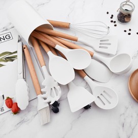 BRIIEC 12pcs Wooden Handle Silicone Kitchen Utensils Set, Non-Stick Silicone Cooking Utensils, White Spatula Set, Turner Spoon, Brush Whisk, Gadgets Tools for Cookware Baking