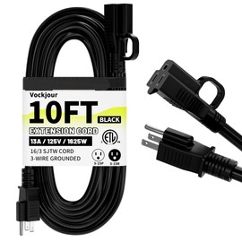 Vockjour 16/3 Black Indoor Outdoor Extension Cord 10 Ft Waterproof, Heavy Duty Extension Cord with 3 Prong Grounded Plug,13A 1625W 16AWG SJTW, Flexible Weatherproof Power Cable for Offices, Gardens and Lawns