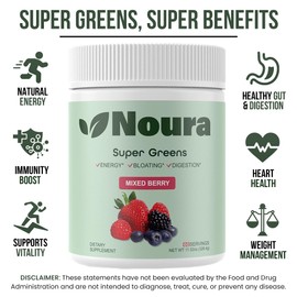 Noura Nutrition Super Greens Powder, 60 Servings - Immunity, Digestive Enzymes & Probiotics for Energy, Gut Health, Bloating Relief for Women - Greens Superfood Powder - Mixed Berry
