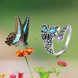 VONALA 925 Sterling Silver Turquoise Butterfly Spoon Ring Vintage Thumb Rings Boho Adjustable Open Ring Sunflower Ring Jewelry Gifts for Women