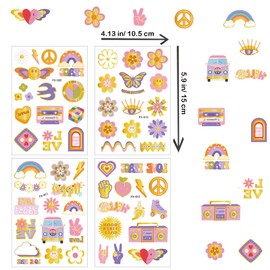 Qpout Temporäre Hippie-Tattoos für Kinder und Erwachsene, Groovy Hippie Temporäre Tattoos, Groovy 70er Jahre Peace and Love Flower Power Geburtstagsparty Geschenktütenfüller