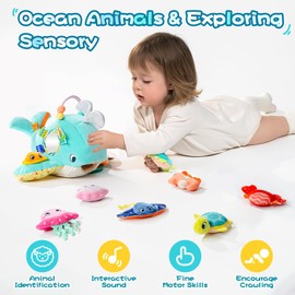 Koty Baby Toys 6-12 Months, Montessori Sensory Toys,My First Ocean Whale House Toy with 6 Sea Animals | Bell Shell, Squeaky Seahorse & Crinkle Paper | Baby Gift