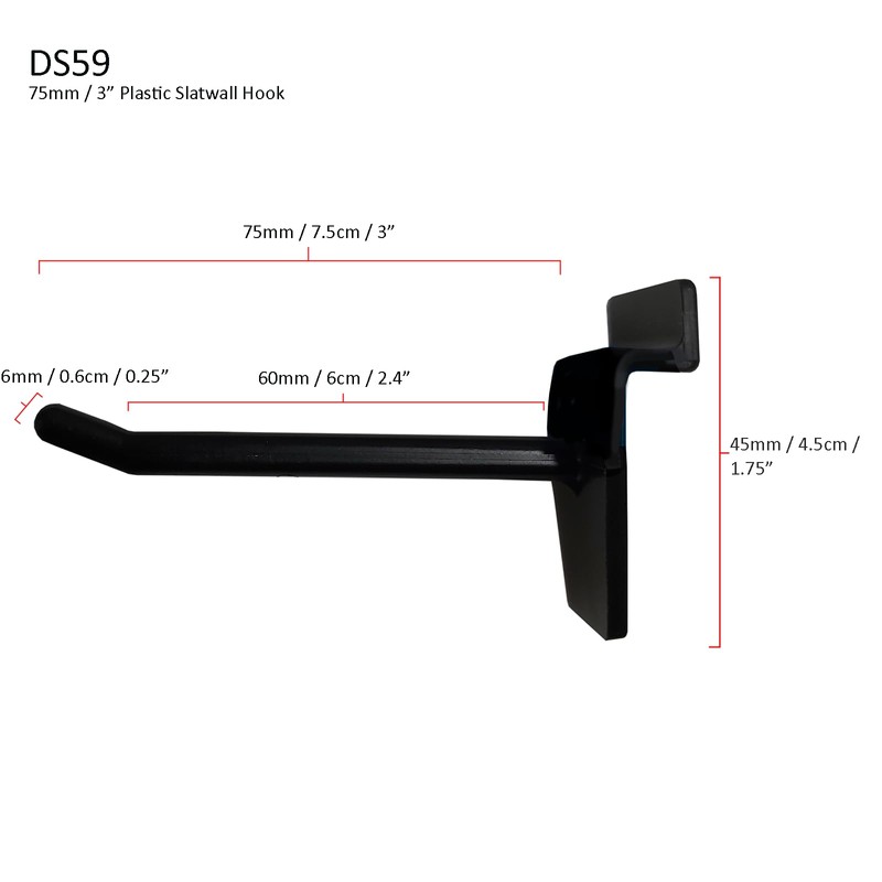 Slatwall 75mm Single Prong Hooks in Black for Retail Shop