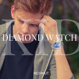 richhut Luxury Diamond Watch for Kids Teen - Iced Out Bling Platinum Plated - 42mm Round Blue Dial Strap 8" - Adjuster Tool Included