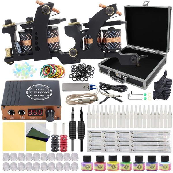 Tattoo Machine Kit - Yuelong Complete Tattoo Gun Kits Liner Shader Coils 2 Tattoo Machine Guns with Power Supply Foot Pedal Pigment Tattoo Needles Tips Grips Tattoo Accessices Tattoo Supplies