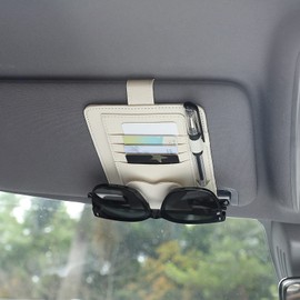 TIESOME Auto-Visier-Organizer, Universal Auto Brillenhalter Clip mit Aufbewahrungsfächern Leder Auto Sonnenbrillenhalter Auto Visier für die Speicherung Sonnenbrille Karte Stift Rechnung (Beige)