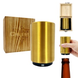 Daily Treasures Automatic Beer Bottle Opener,Magnetic Bottle Openers with Wooden Box,Push Down Bottle Opener, Soda Destapador No Damage to Caps,Stainless Steel Cap Catcher for Bars Man's Gifts (Gold)